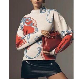 Anthropologie Maeve Heart Sweater Ivory cabbage ribbon XL red tan